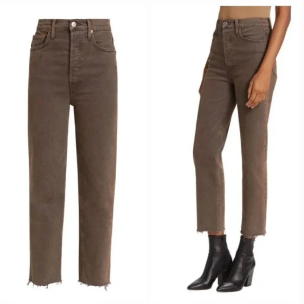 Re/Done 70s Ultra High Rise Stove Pipe Jean 27 Washed Chocolate Brown Raw Hem